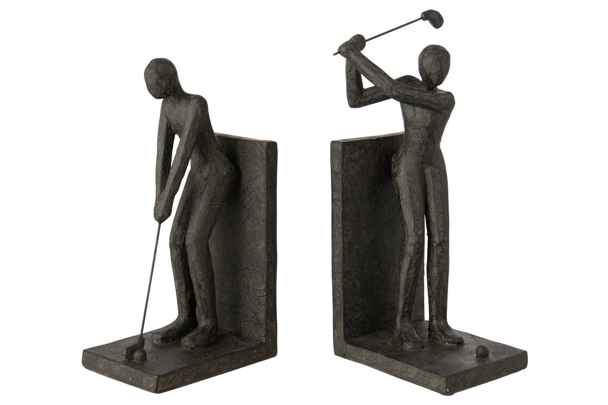 J-Line Boekensteunen golfer - hars - zwart - set van 2