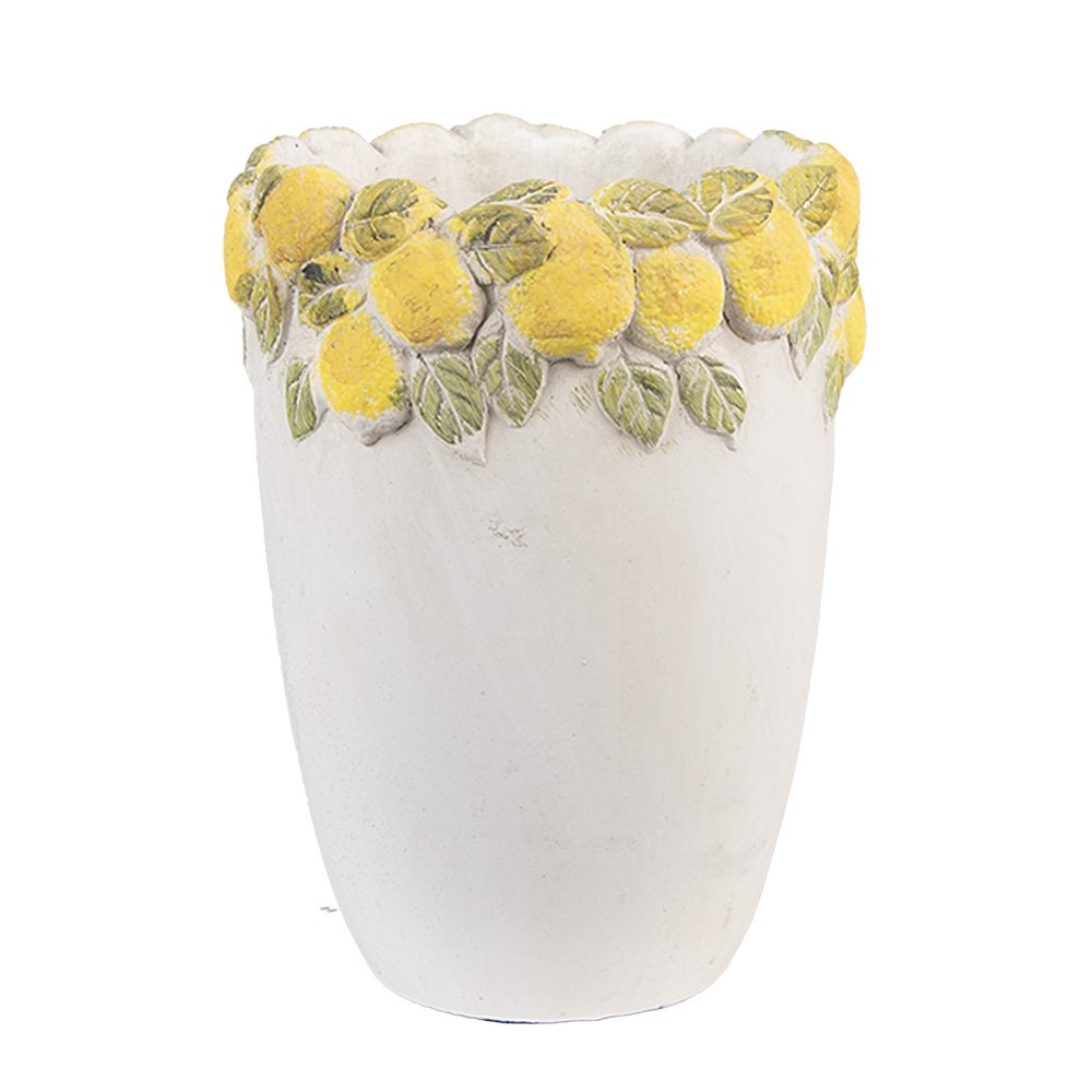 Bloempot Ø 13x17 cm Wit Geel Steen Citroenen