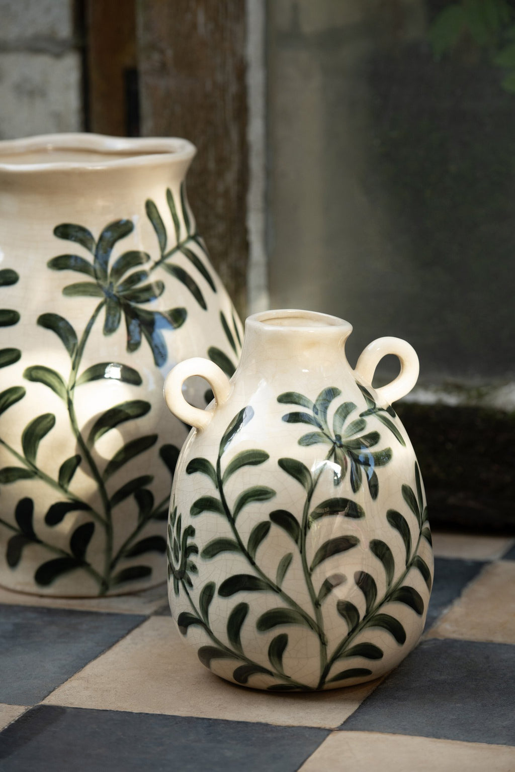 J-Line vaas Blad - steengoed - groen/wit - L