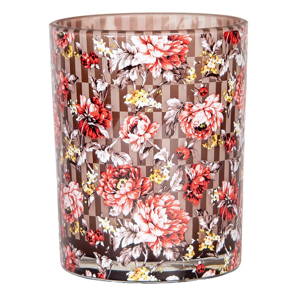 Theelichthouder Set van 2 Ø 7x8 / 10x13 cm Bruin Rood Glas Bloemen