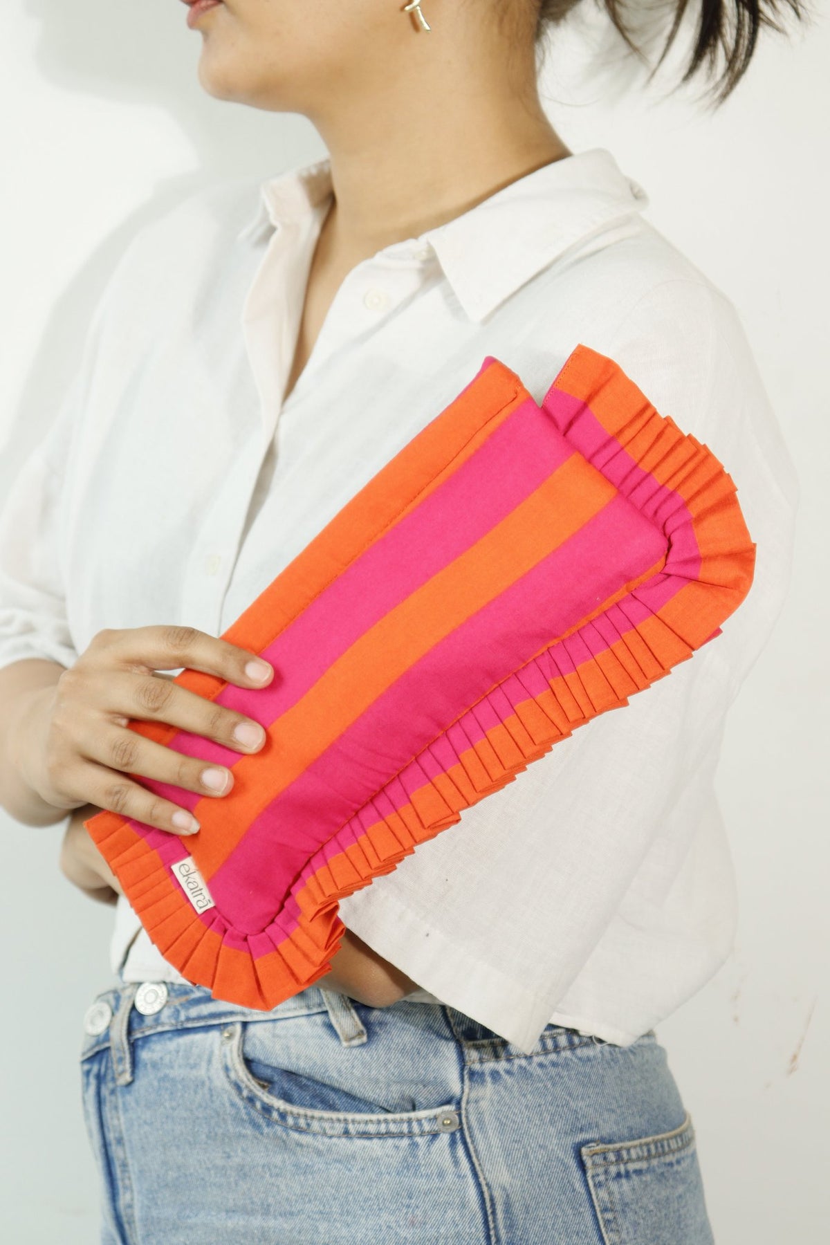 Katoenen etui met blokprint en ruchesrand - Klein