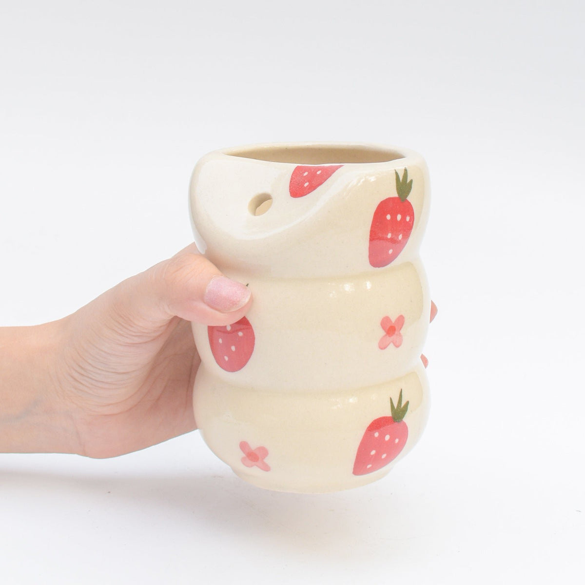 Tuimelaar | Roze handgeschilderde keramische aardbeibloem | Met roestvrijstalen rietje
