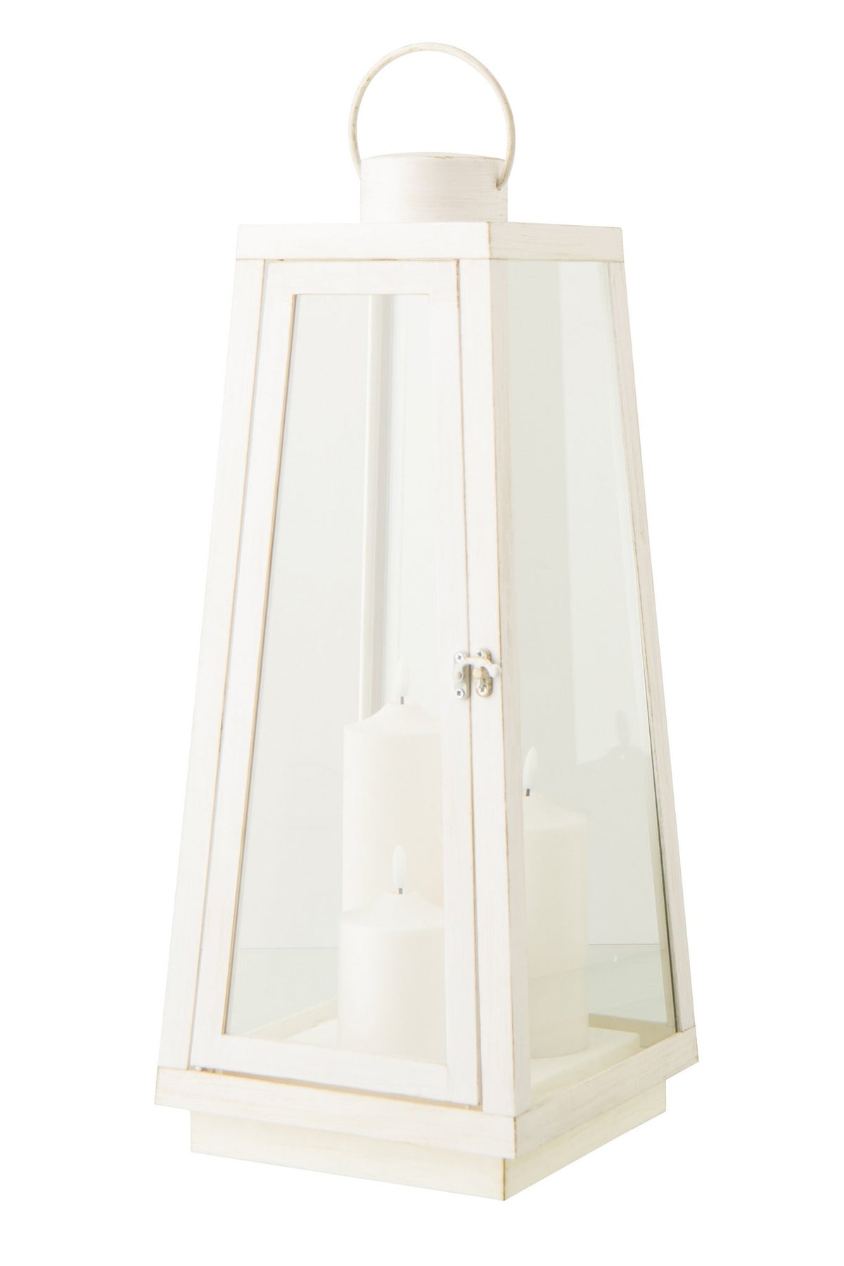 J-Line lantaarn + kaars - glas - wit - L - LED lichtjes