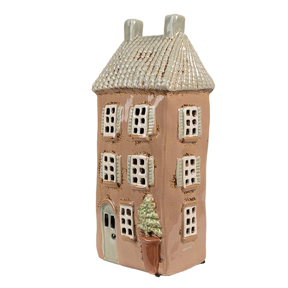 Waxinelichthouder Huis 12x9x28 cm Bruin Beige Keramiek Theelichthouder