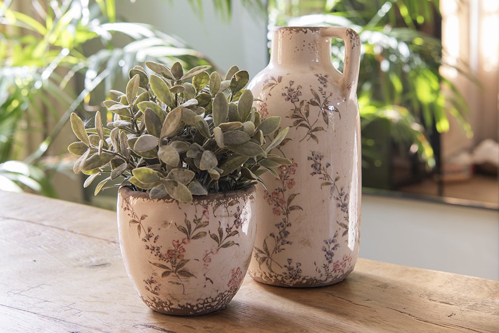 Decoratie Kan Ø 13x25 cm Beige Roze Keramiek Bloemen Schenkkan