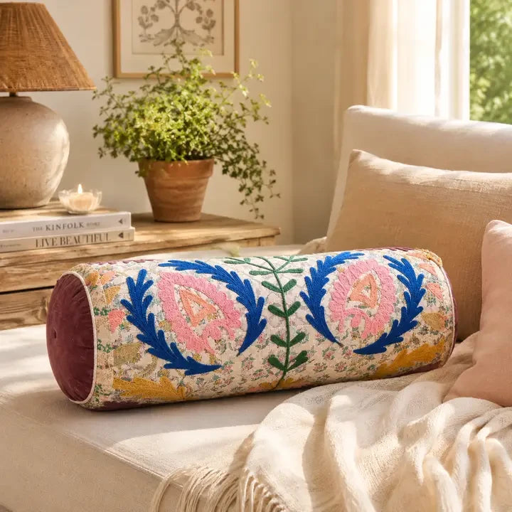 Bolsterkussen van katoen met bloemenborduurwerk, meerkleurig 53 x 20