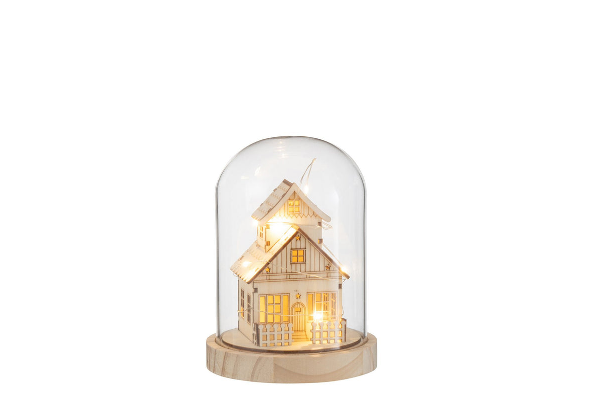 J-Line decoratie Stolp Winter Huis - hout/glas - naturel - LED