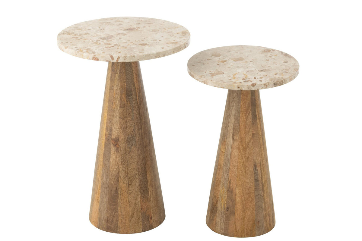 J-Line bijzettafel Rond Marmer - hout - beige/bruin - set van 2