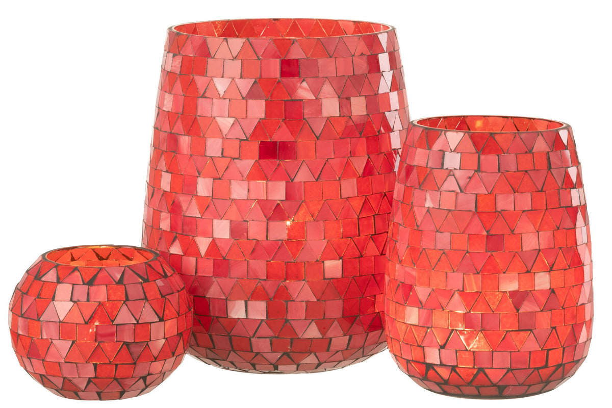 J-Line Windlicht Mozaiek Driehoek Glas Rood/Roze Large