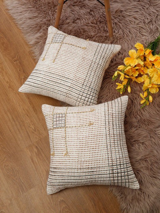 Set van 2 - Kussenhoezen met geometrisch patroon – Duurzame katoenen stof – Gebroken wit en bruin – 45x45 cm