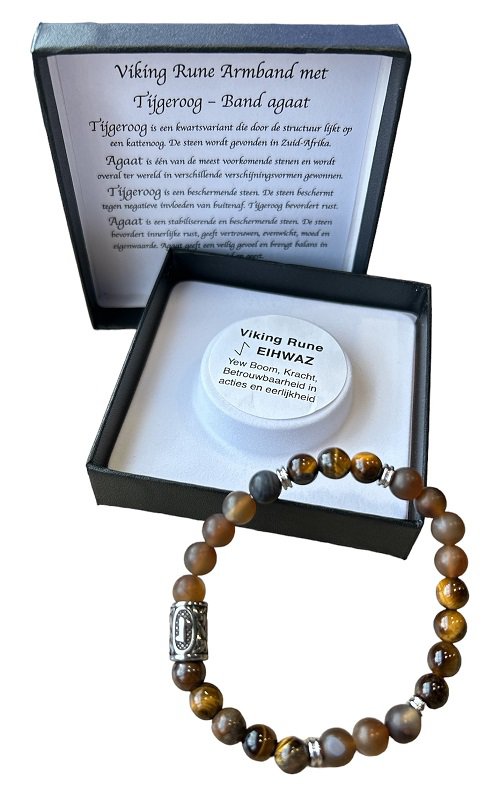 Heren armband 8 mm Tijgeroog en Bandagaat met Viking kraal