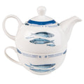 Tea for One 400 ml Wit Blauw Porselein Vissen Theepot set
