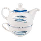 Tea for One 400 ml Wit Blauw Porselein Vissen Theepot set