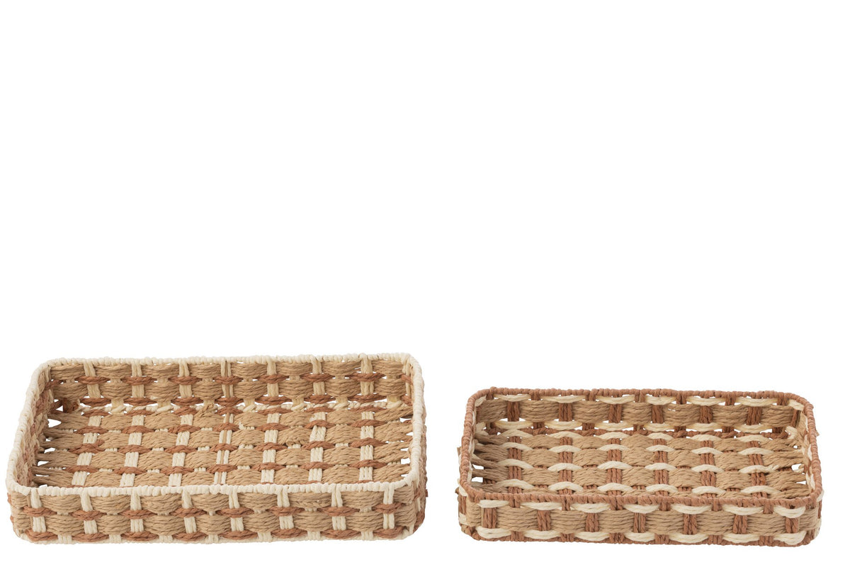 J-Line plateau Rechthoek - papier - naturel/wit - set van 2