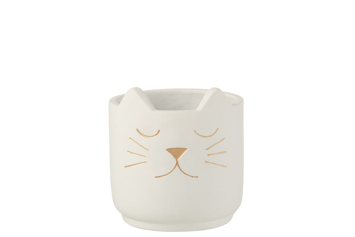 J-Line bloempot Kat - cement - wit/goud - small - Ø 14 cm