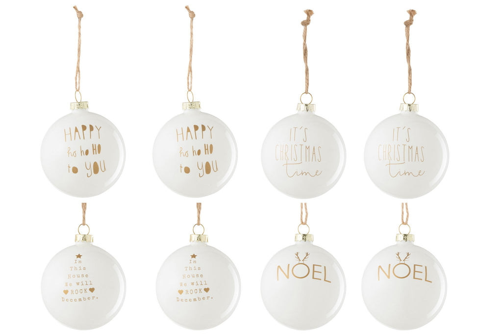 J-Line kerstbal 2+2+2+2 Tekst Kerstmis - glas - wit/goud - doos van 8