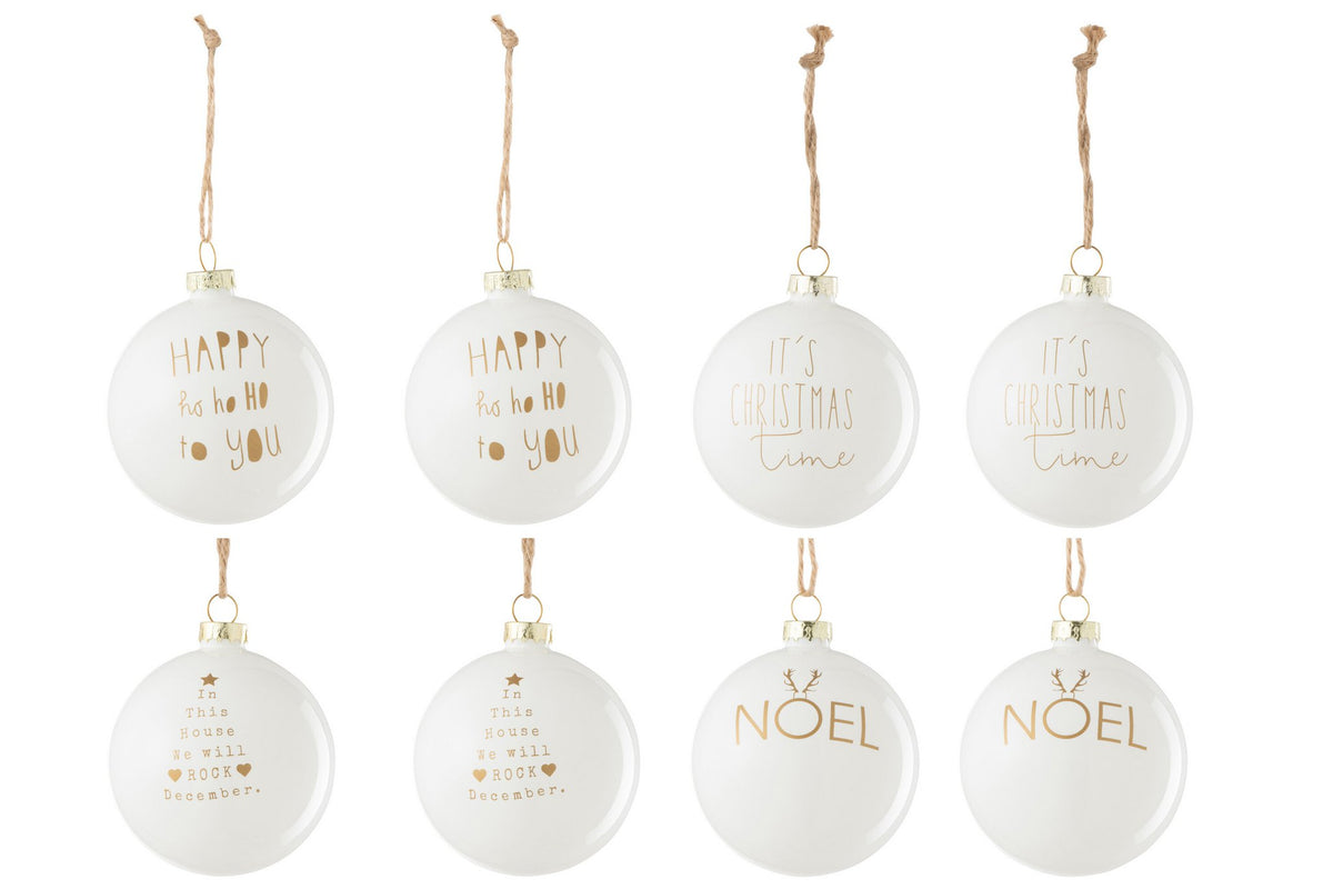 J-Line kerstbal 2+2+2+2 Tekst Kerstmis - glas - wit/goud - doos van 8