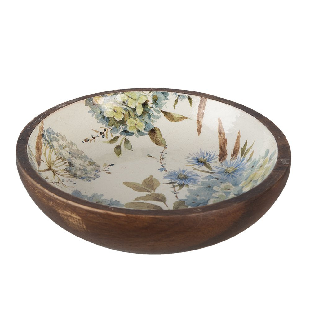 Serveerschaal Ø 24x4 cm Wit Blauw Hout Bloemen Presenteerschaal