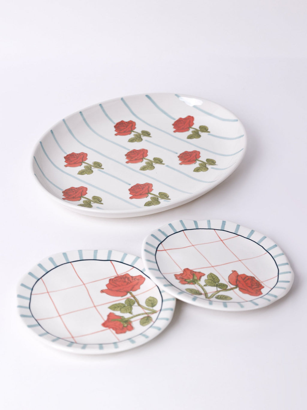 Serveerbord | Keramische handgeschilderde rozenmotieven | Set van 3