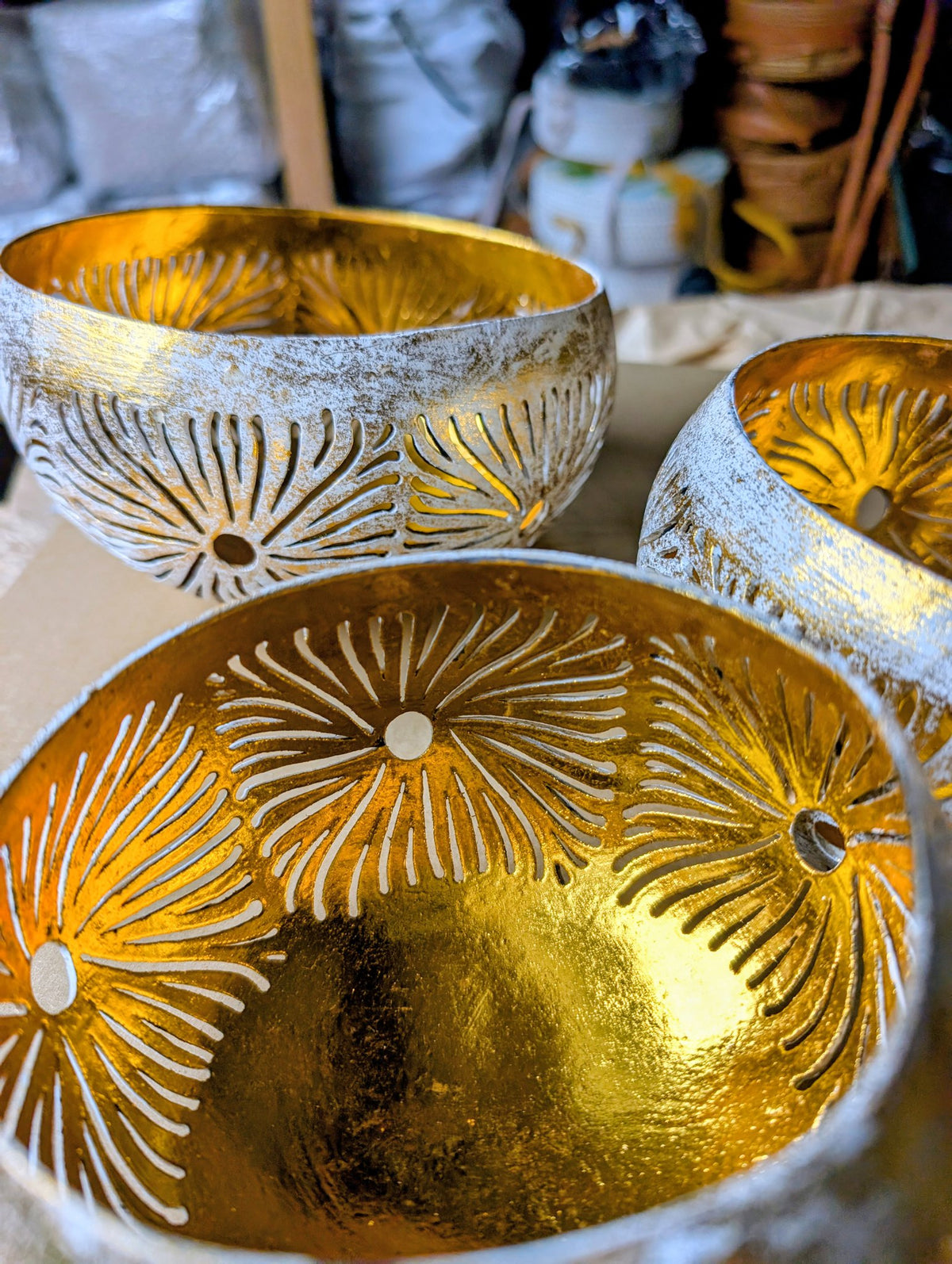 Goud Wit Gewassen Patroon Kokoskom Winterdecoratie set van 3