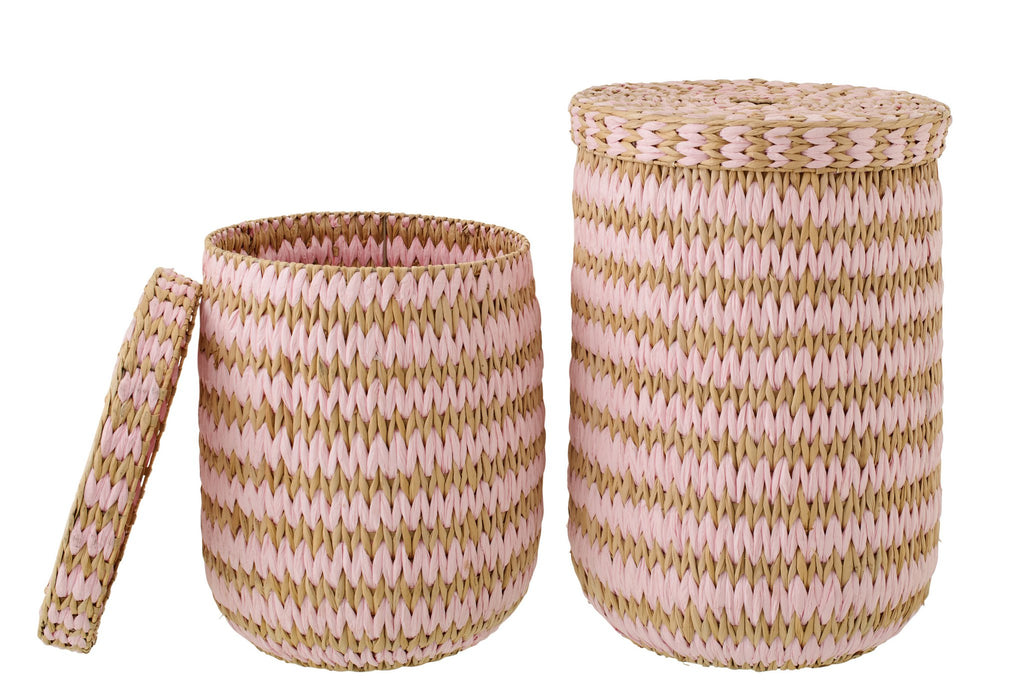 J-Line mand met deksel Gestreept - papier - naturel/roze - set van 2