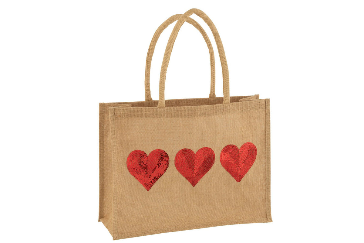J-Line zak 3 Hartjes Pailletten - jute - naturel/rood