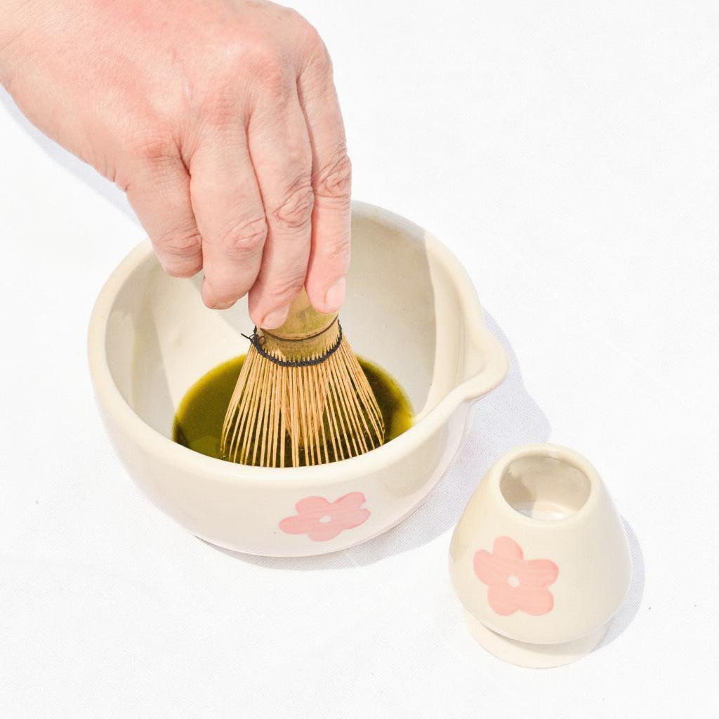 Gardehouder | Keramische handgemaakte Matcha-gardeset | Roze bloem