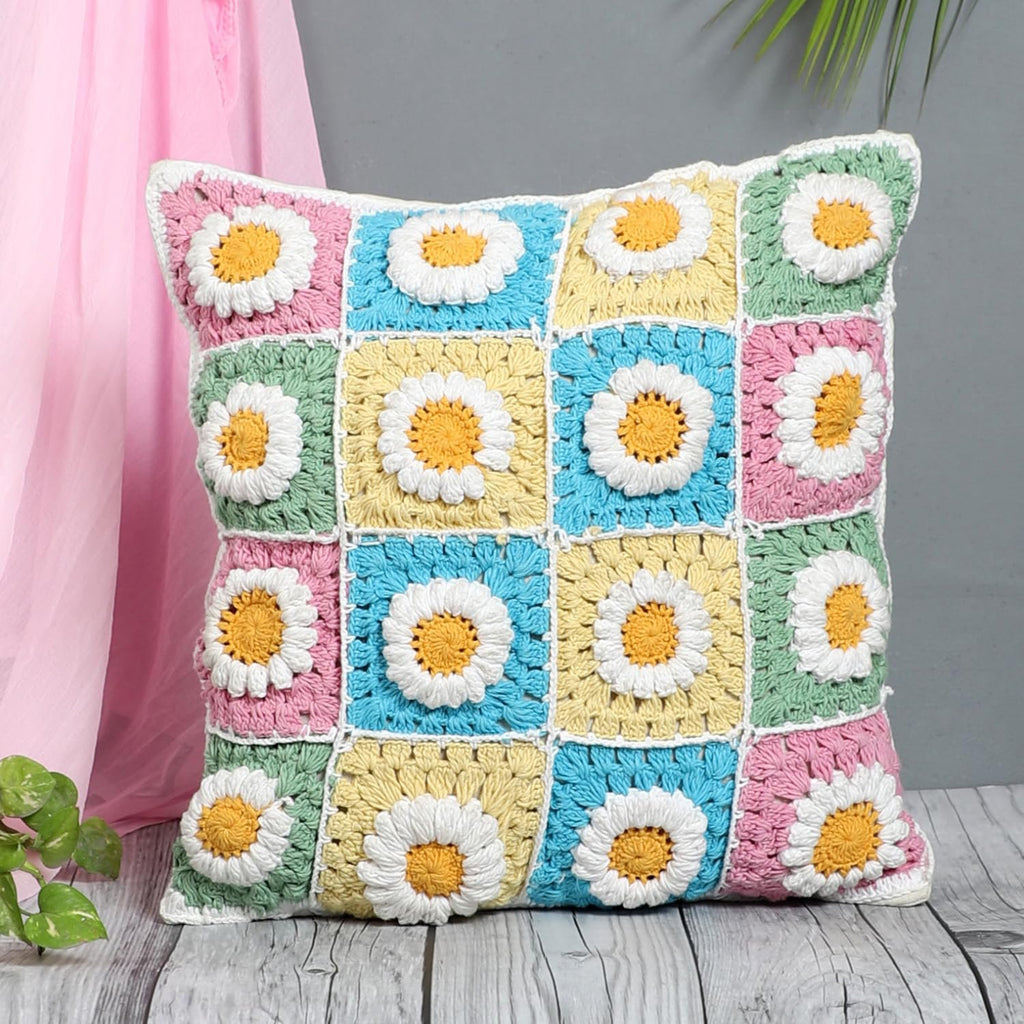 Handgehaakte kussenhoes met boho-bloemen - Premium katoen - 16x16 inch