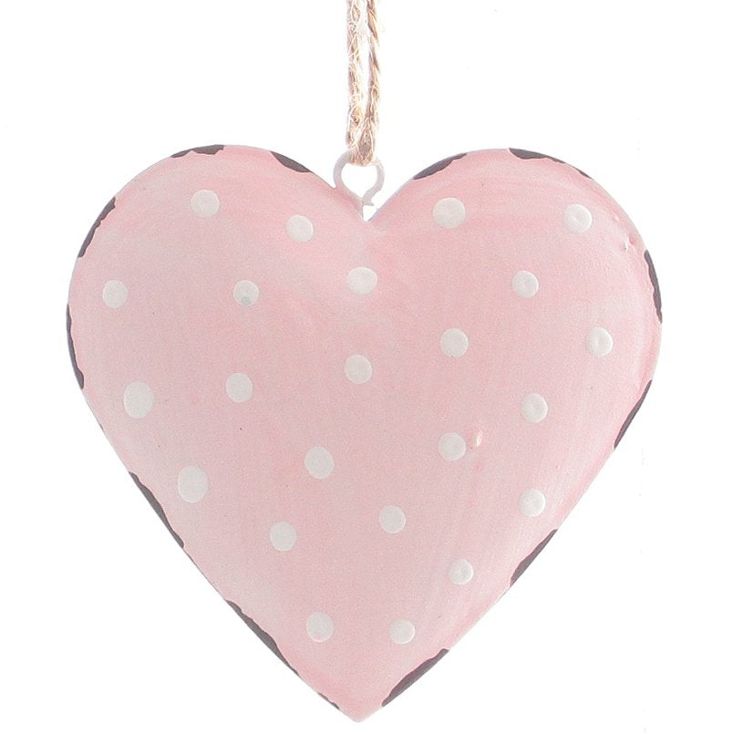 Metalenhanger hart met witte stippen 7x7cm roze