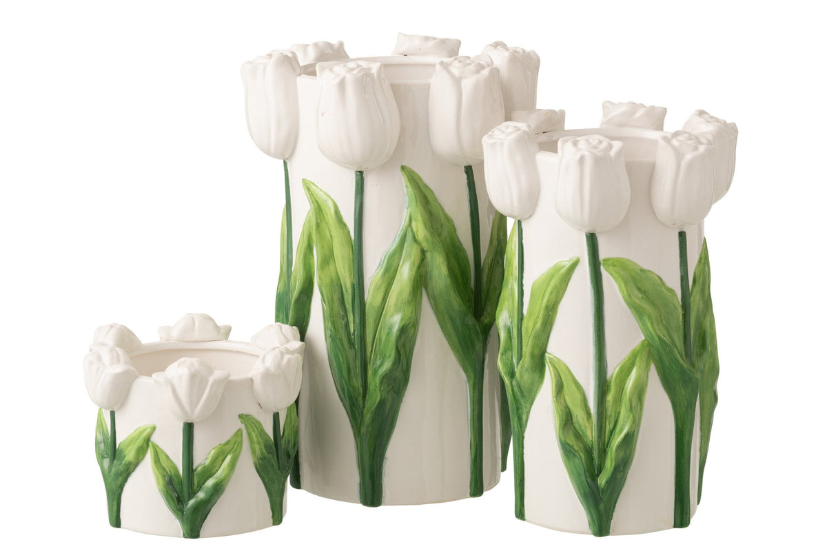 J-Line bloempot Tulp - keramiek - wit/groen - L