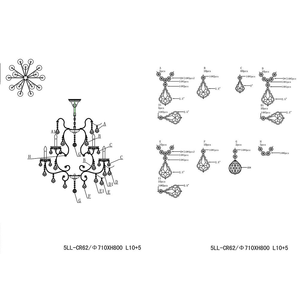 Kroonluchter Ø 71x80 cm Transparant IJzer Hanglamp