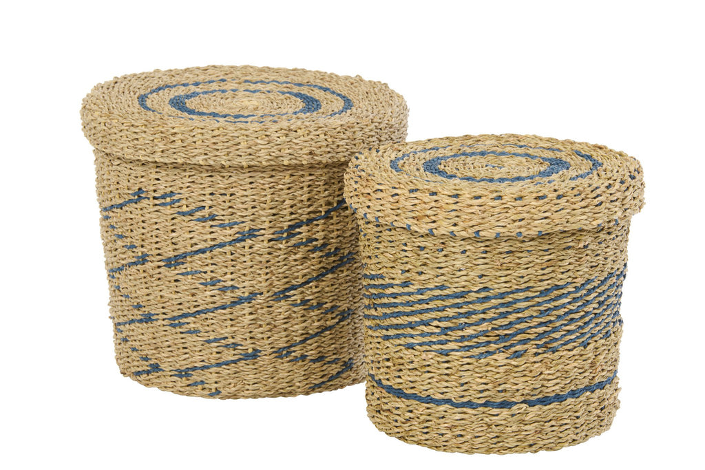 J-Line mand + deksel - ijzer/papier - blauw/naturel - set van 2