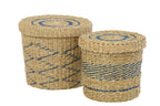 J-Line mand + deksel - ijzer/papier - blauw/naturel - set van 2