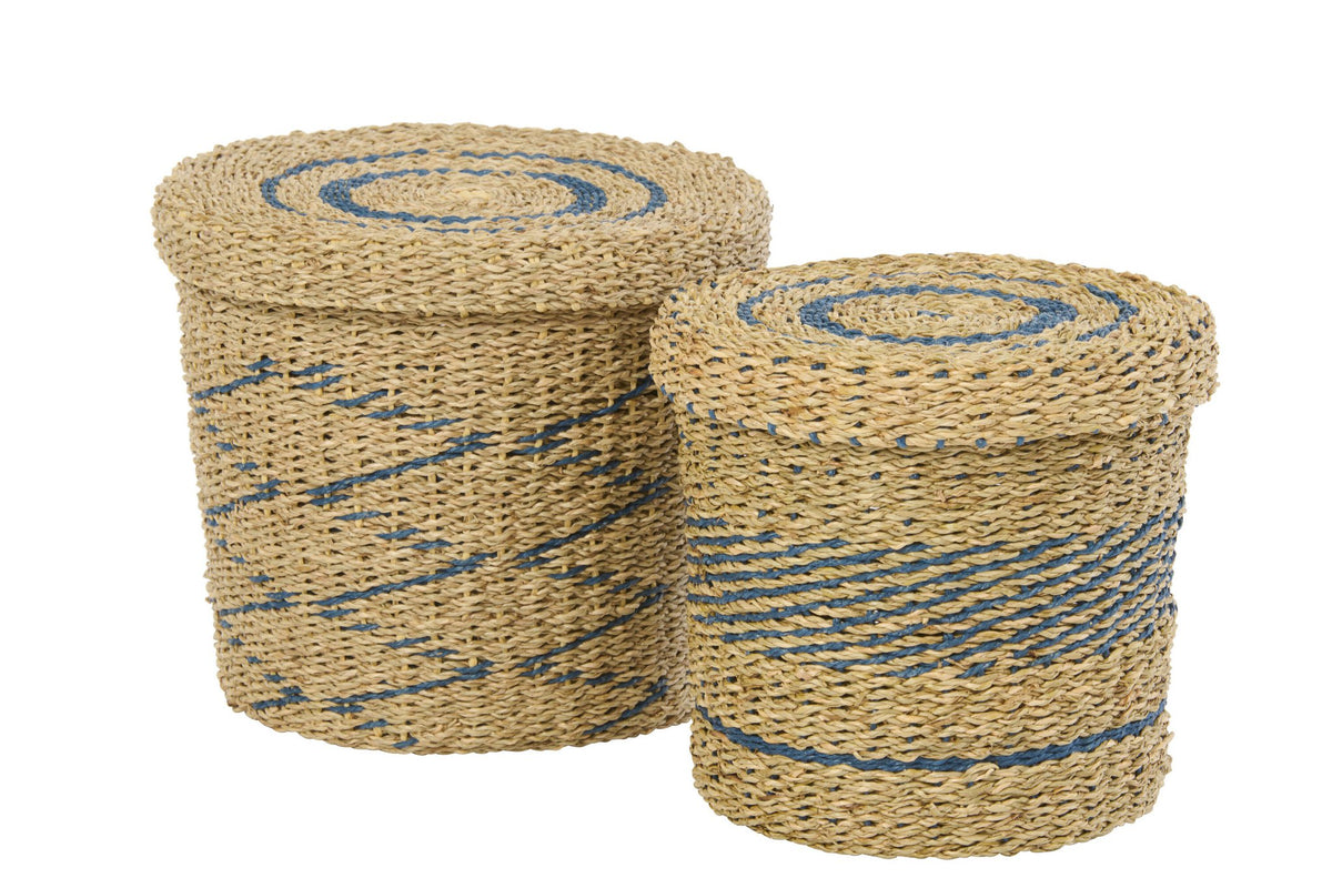 J-Line mand + deksel - ijzer/papier - blauw/naturel - set van 2