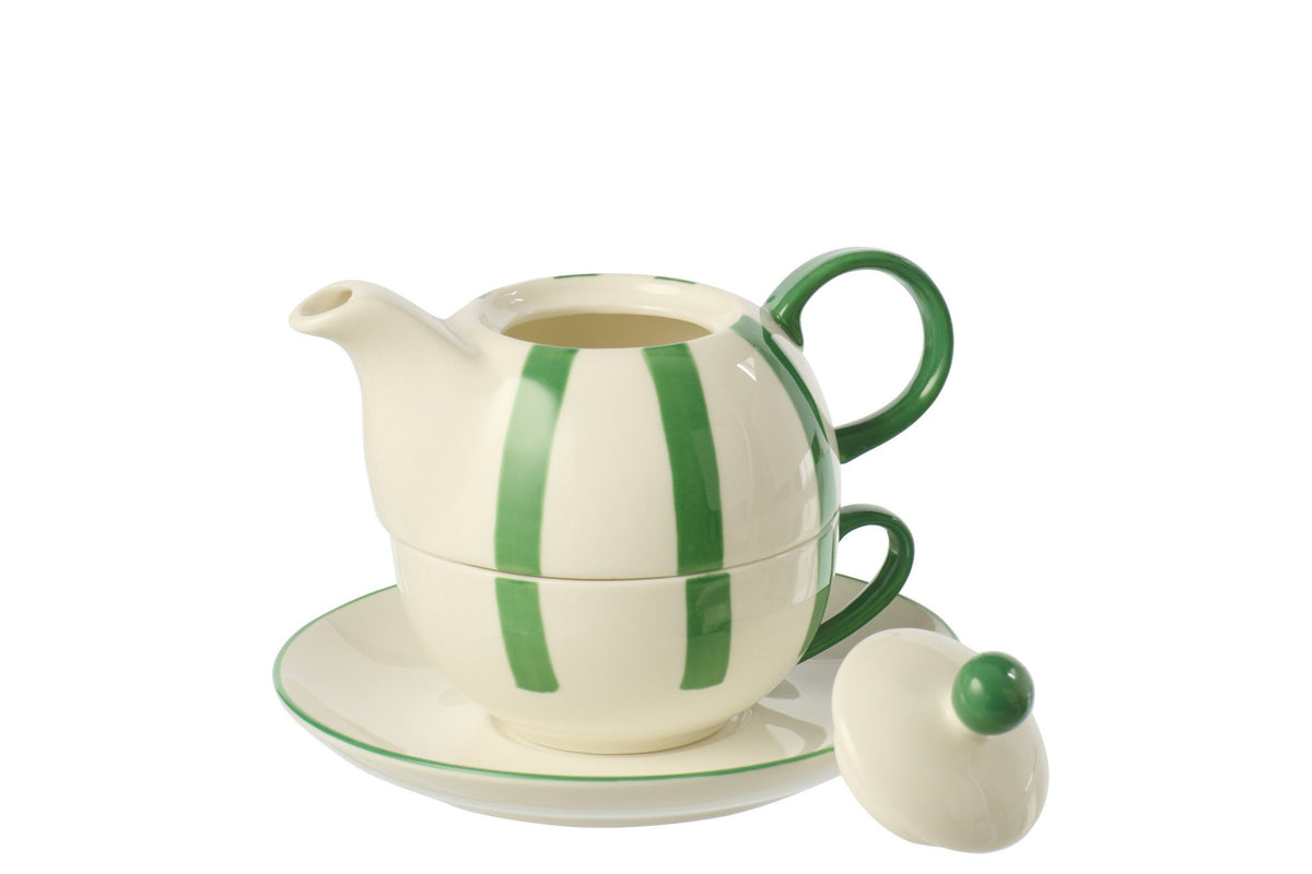 J-Line theepot Gestreept - keramiek - groen/wit