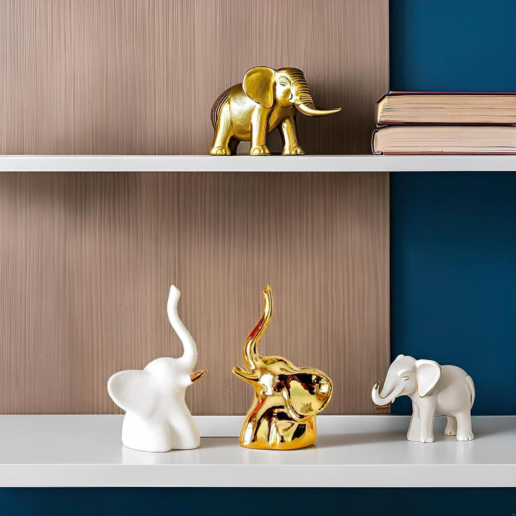 Keramieken olifantenbeeldjes – modern wit en goud – set van 2 stuks