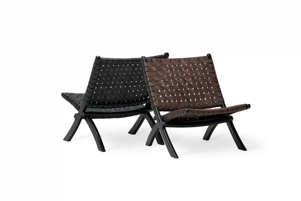 Oliver lounge stoel binnen - zwart leer - teak hout