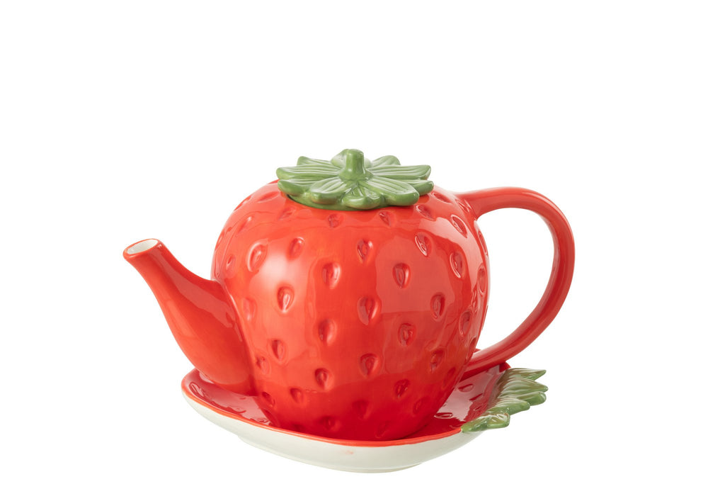 J-Line Theepot+Dienblad Aardbei Dolomiet Rood
