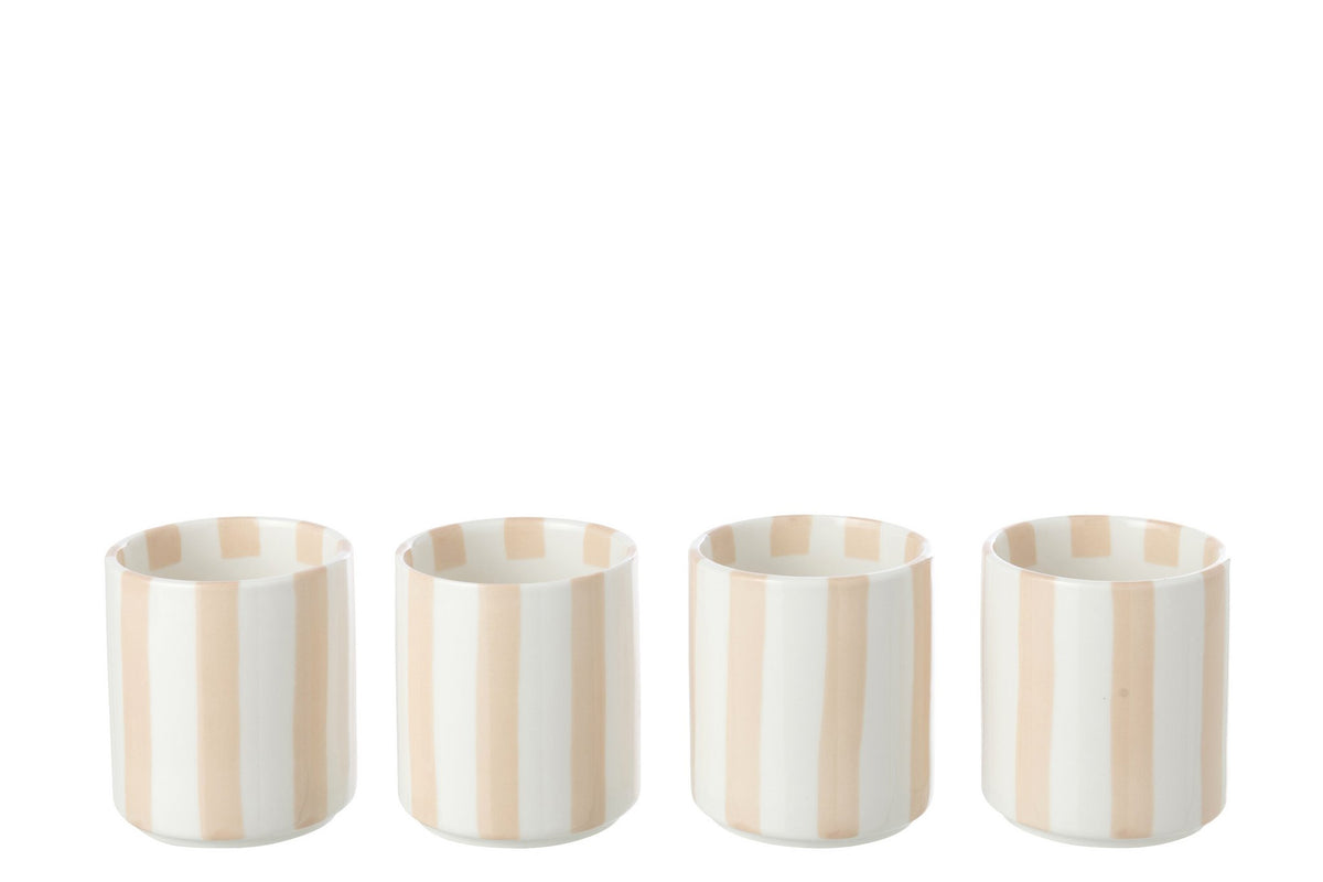 J-Line kopje Gestreept - steengoed - lichtbeige/wit - 4 stuks