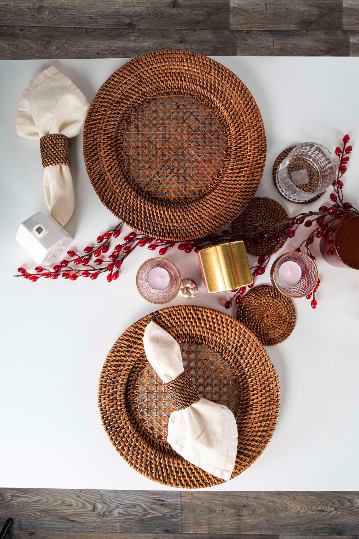Glazen achtbaan rattan - set/6 - dia 10 cm