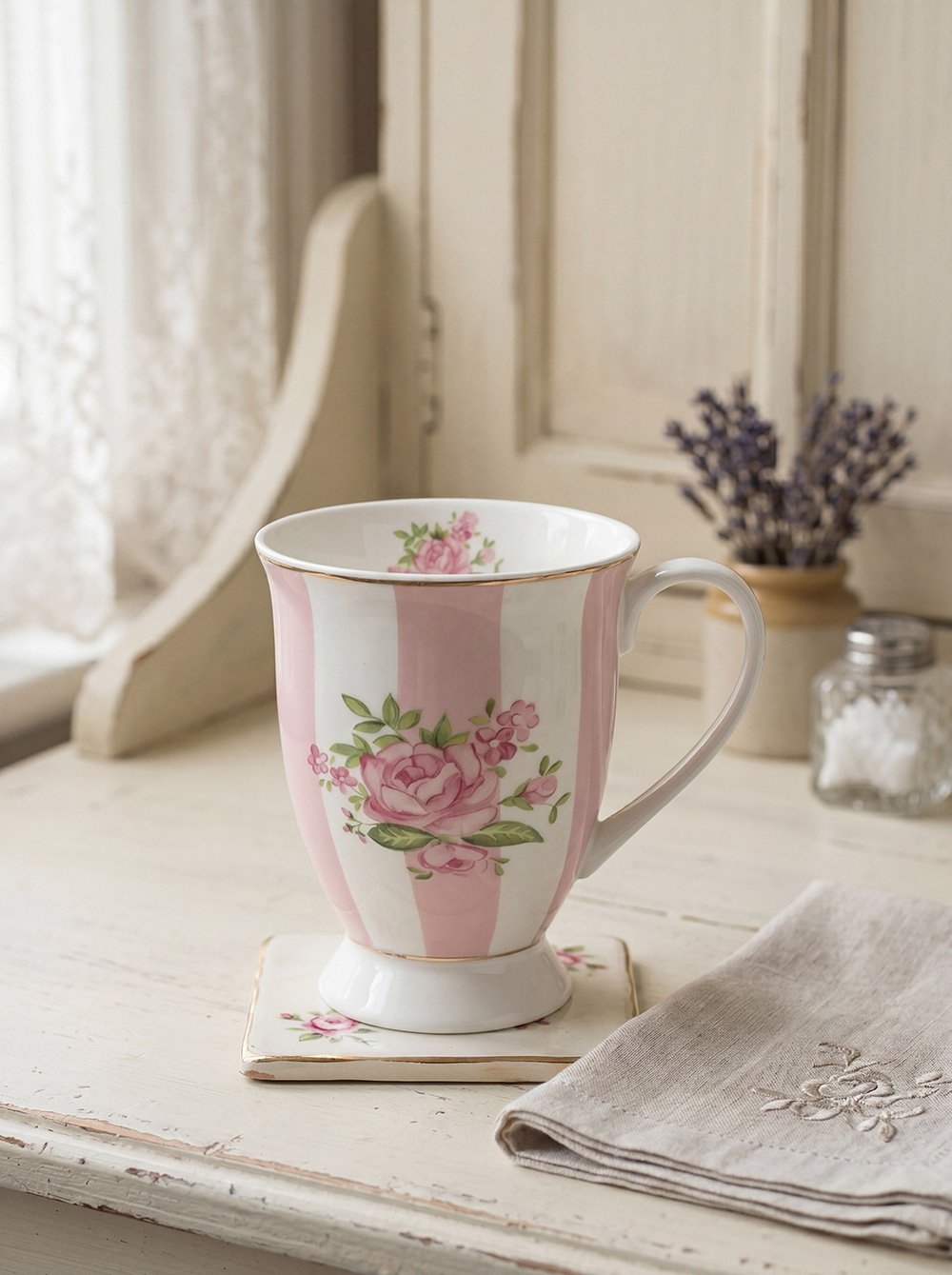 Mok 300 ml Roze Paars Porselein Rozen Drinkbeker