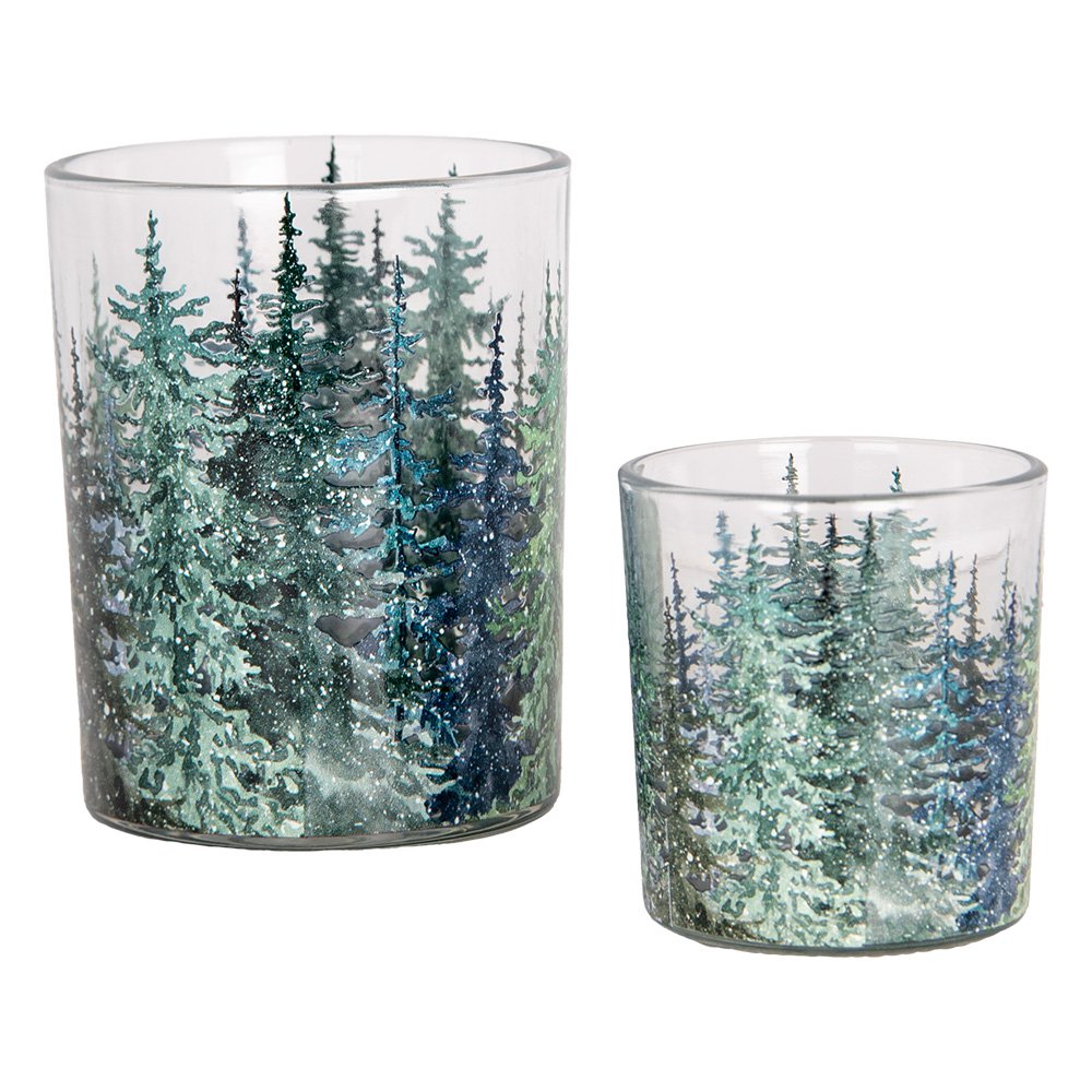 Theelichthouder Set van 2 Ø 7x8 / 10x13 cm Groen Glas Dennenbomen