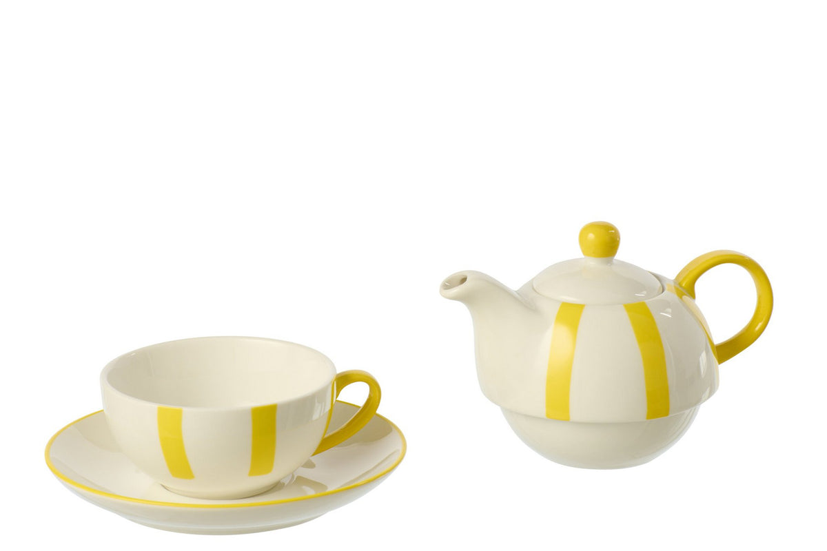 J-Line theepot Gestreept - keramiek - geel/wit