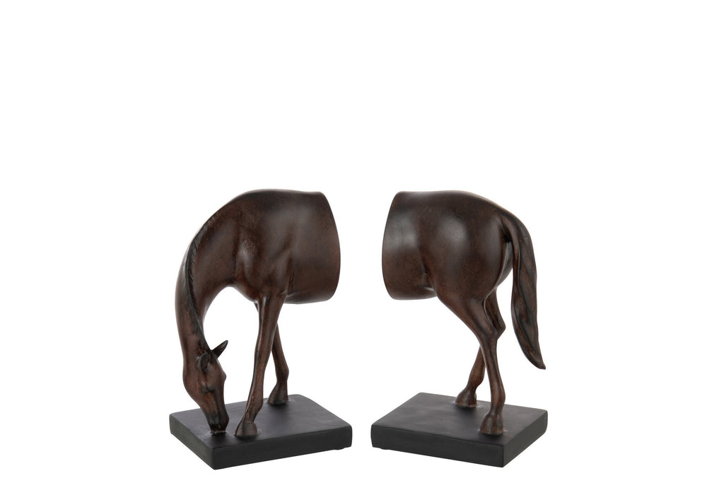 J-Line boekensteun Paard - polyresin - donkerbruin - set van 2
