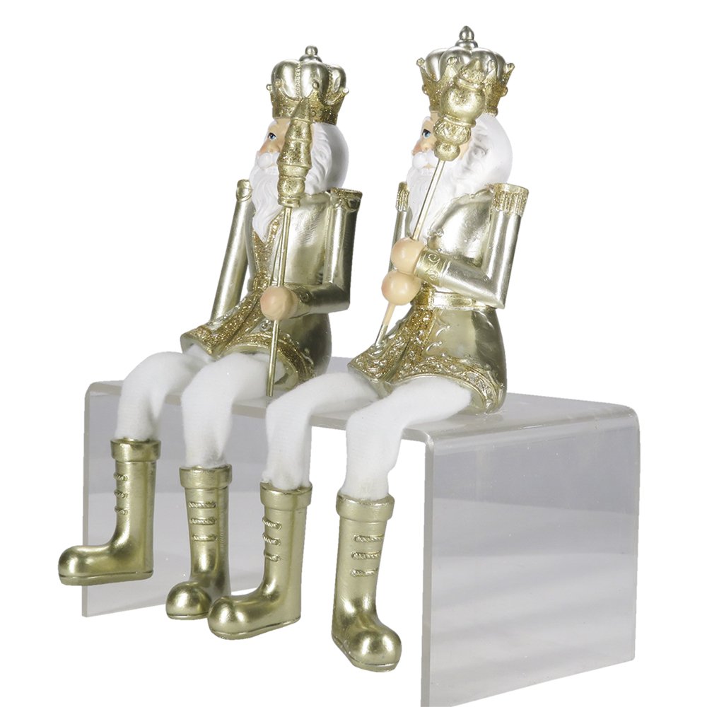 Beeld Set van 2 Notenkraker 12 cm Goudkleurig Wit Kunststof Kerstdecoratie
