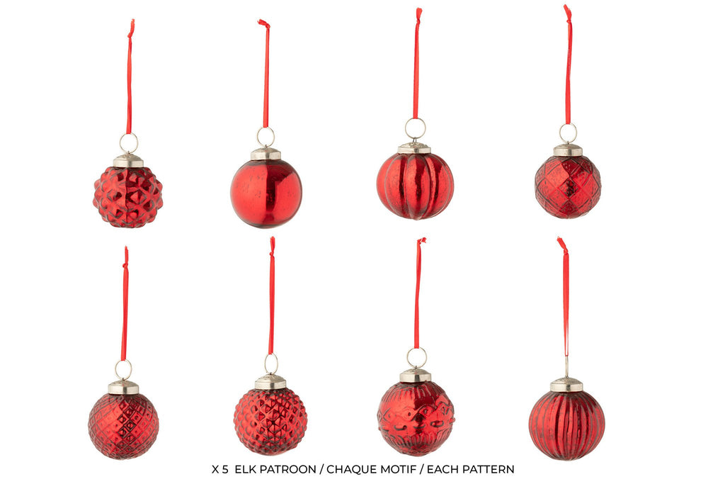 J-Line kerstbal 8 Patronen - glas - rood - doos van 40