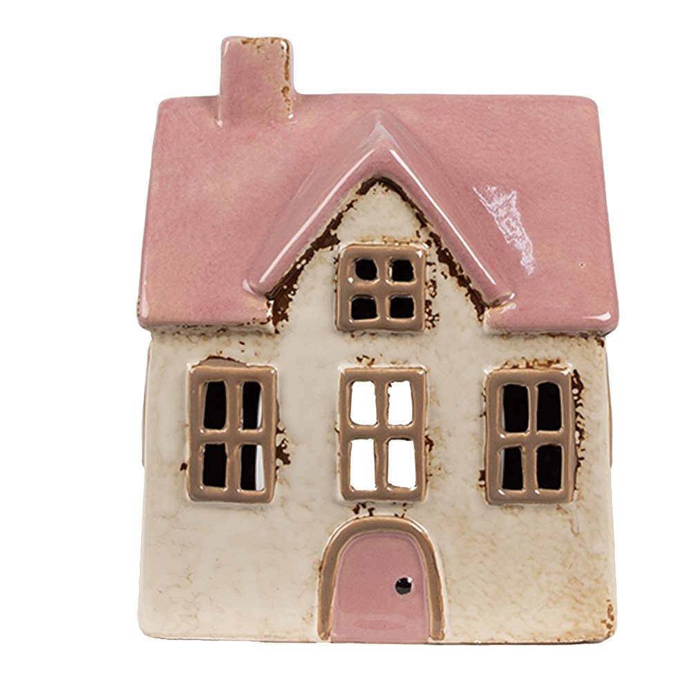 Waxinelichthouder Huis 13x10x16 cm Beige Roze Keramiek Theelichthouder