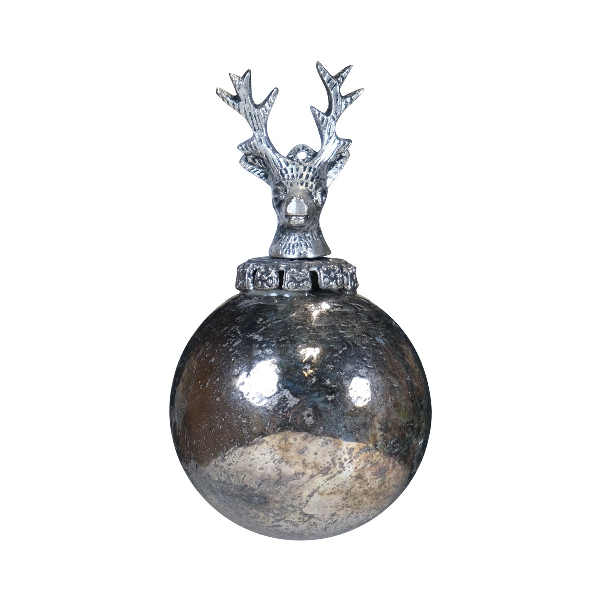 Decoratie bal hert antiek zilver 8cm