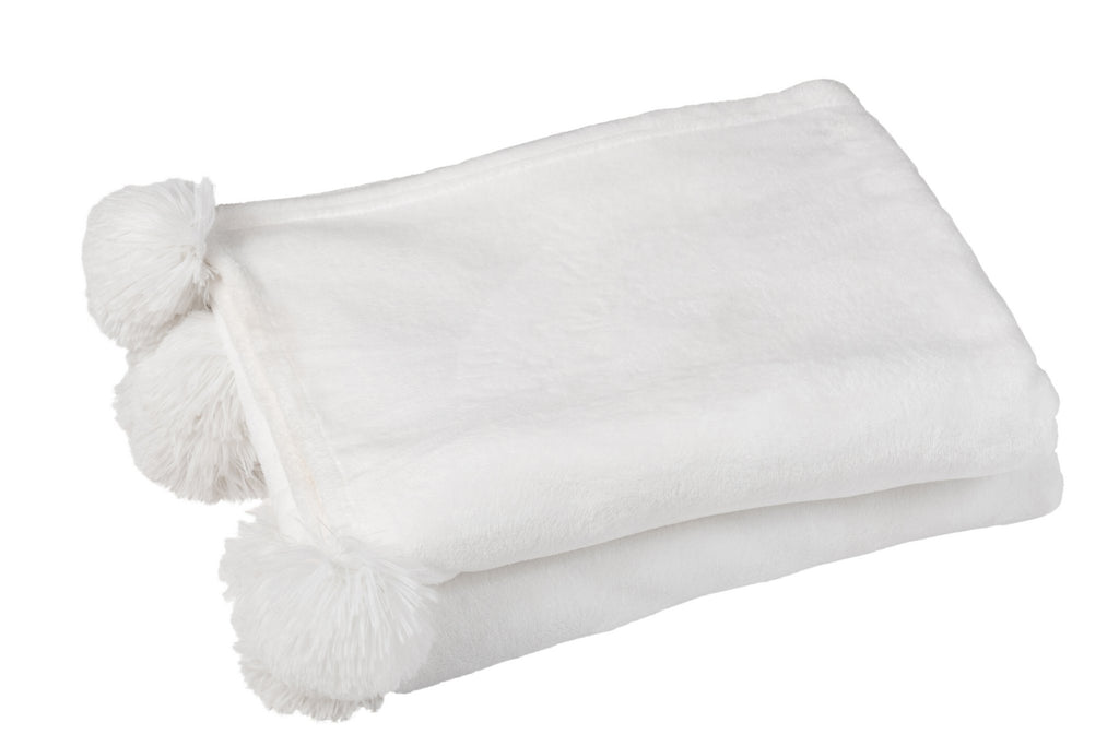 J-Line Plaid Pompon - polyester - wit - 170 x 130 cm