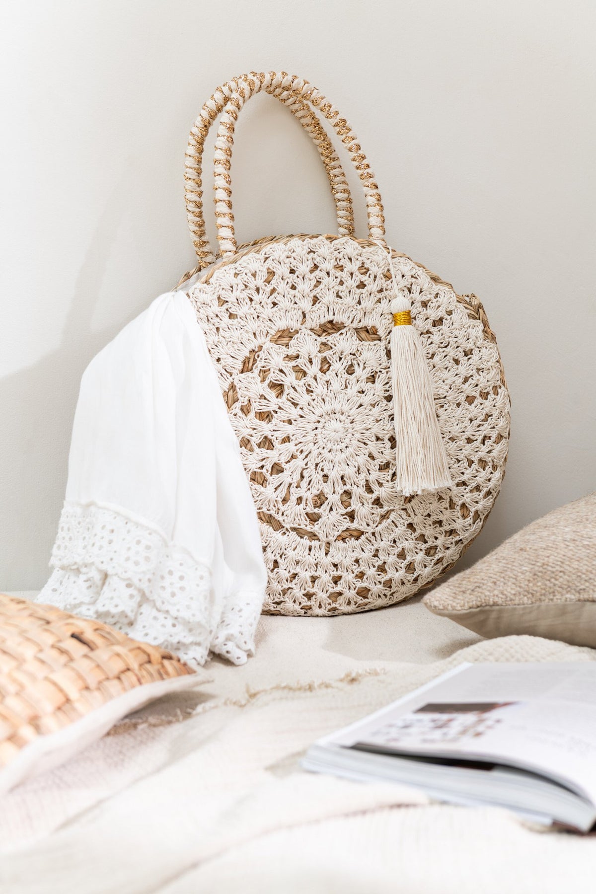 J-Line Strandtas Rond+Kwast Zeegras/Kant Nat/Wit